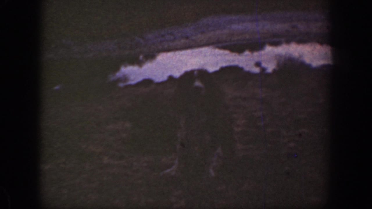 Pale ditch edge across dark terrain with tiny indistinct figures nearby.
