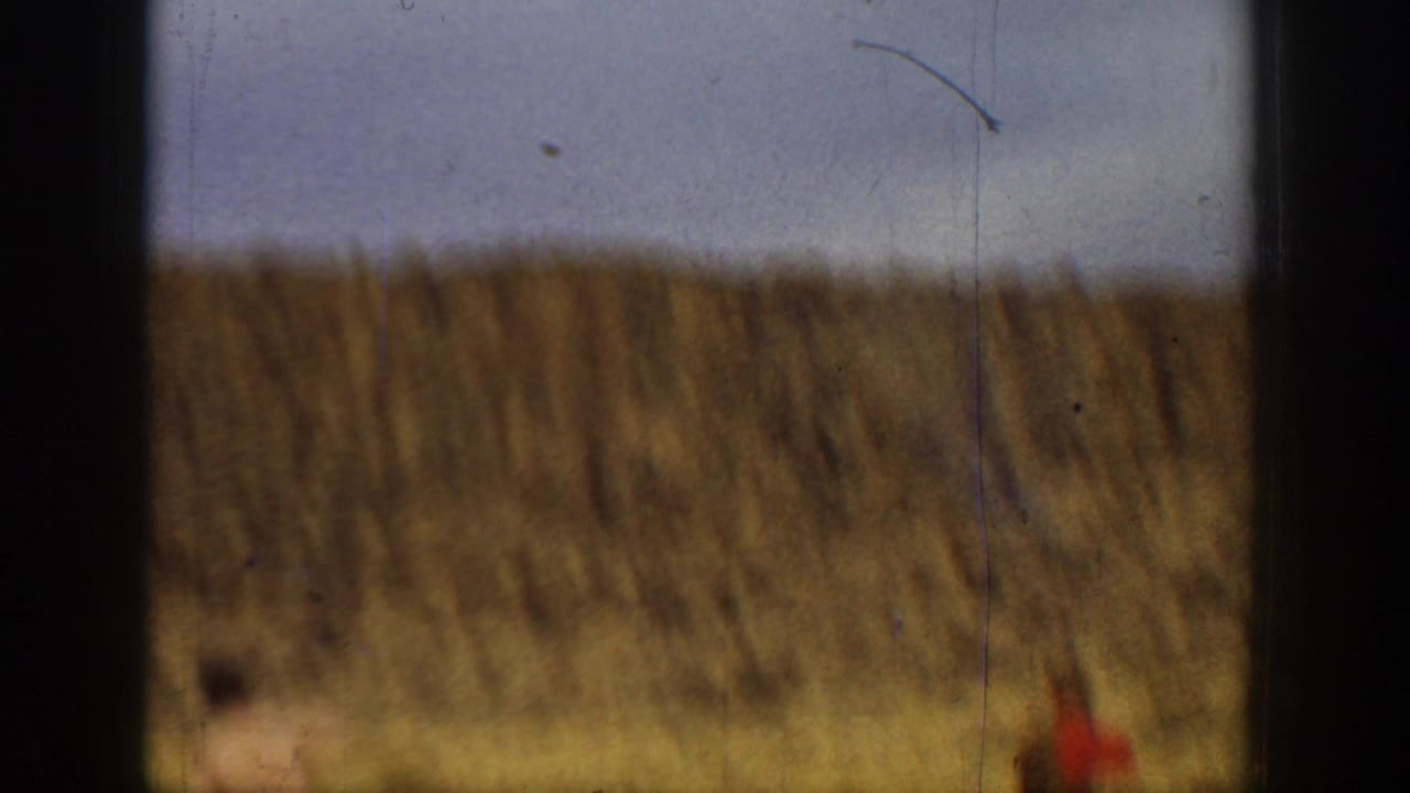 Dry field and hillside with a small red figure near the lower right edge.
