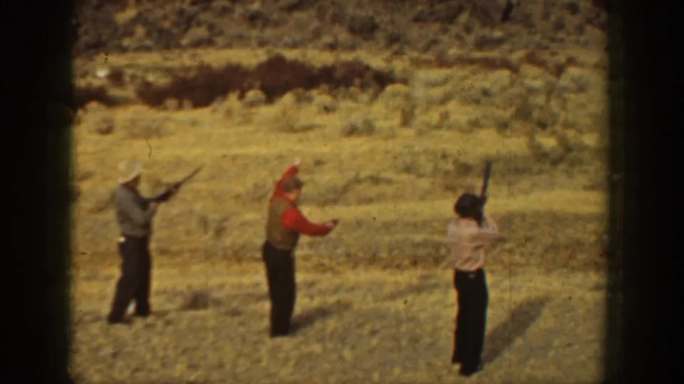 The final frame shows three men in a dry California field, one aiming upward while others hold shotguns during informal practice.