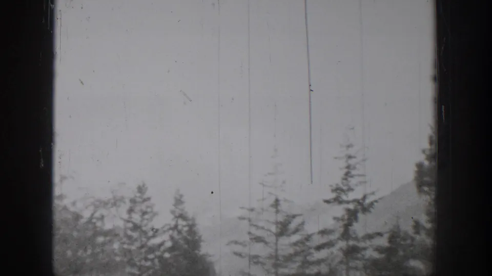 A bright black-and-white frame shows trees and partial mountain scenery, with vertical film marks visible from the 8mm scan.