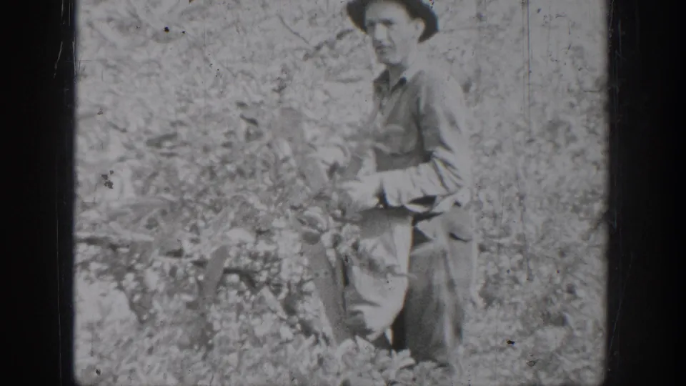 A man in work clothes and a brimmed hat stands among dense plants in the 1939 Chelan, Washington home-movie footage.