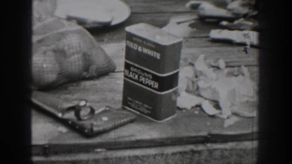 A Red & White ground black pepper tin is visible on the outdoor work table with meat pieces, dishes, a cloth, and other food-preparation items.