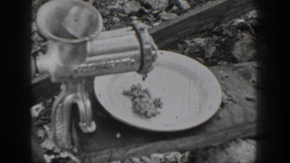 In 1939 Chelan, Washington home-movie footage, a clamp-style meat grinder feeds ground meat onto a white plate in an outdoor setup.