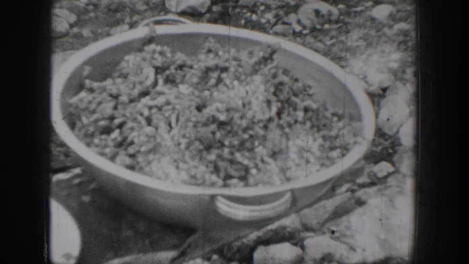 A large bowl of processed ground meat sits outside in the 1939 Chelan, Washington home-movie scene.