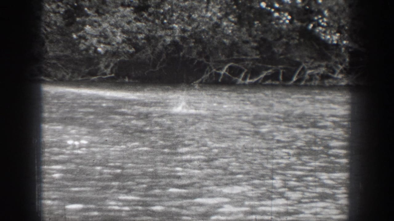 The closing 1939 Chelan frame lingers on rippled water and a wooded shoreline after the boat has moved out of view.