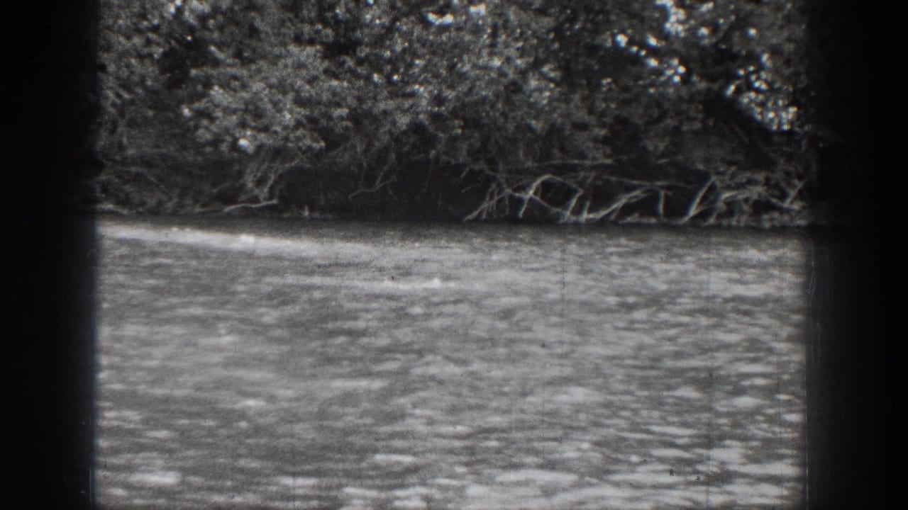 1939 Chelan, Washington home-movie frame showing rippled river water, dense trees, and overhanging branches along the far bank.