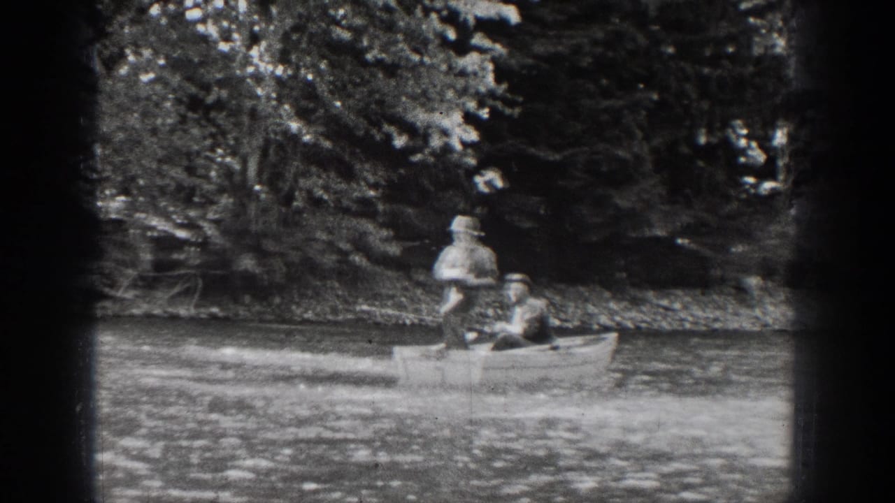Two people in a small rowboat move along a wooded riverbank.