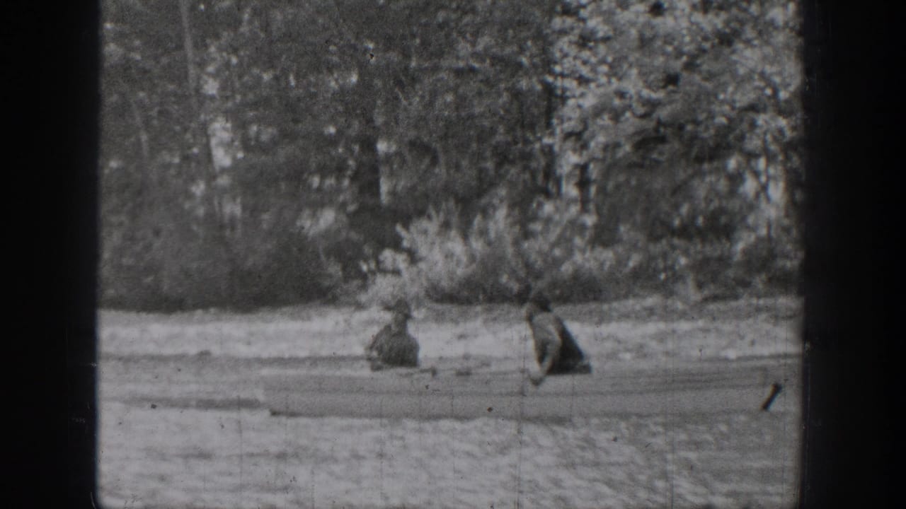 Black-and-white 8mm frame from Chelan, Washington showing two people in a rowboat on calm lake water beside dense trees.