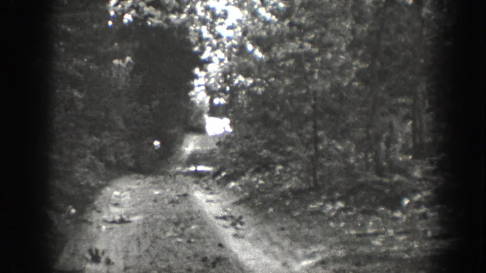 Black-and-white 8mm frame from Chelan showing a rough trail bordered by trees, with blown highlights in the canopy.