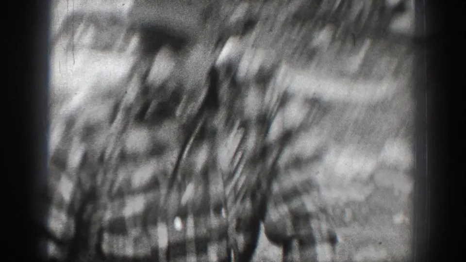 Soft, motion-blurred 1939 Chelan frame showing a plaid-shirted adult man close to dogs in a rural outdoor setting.