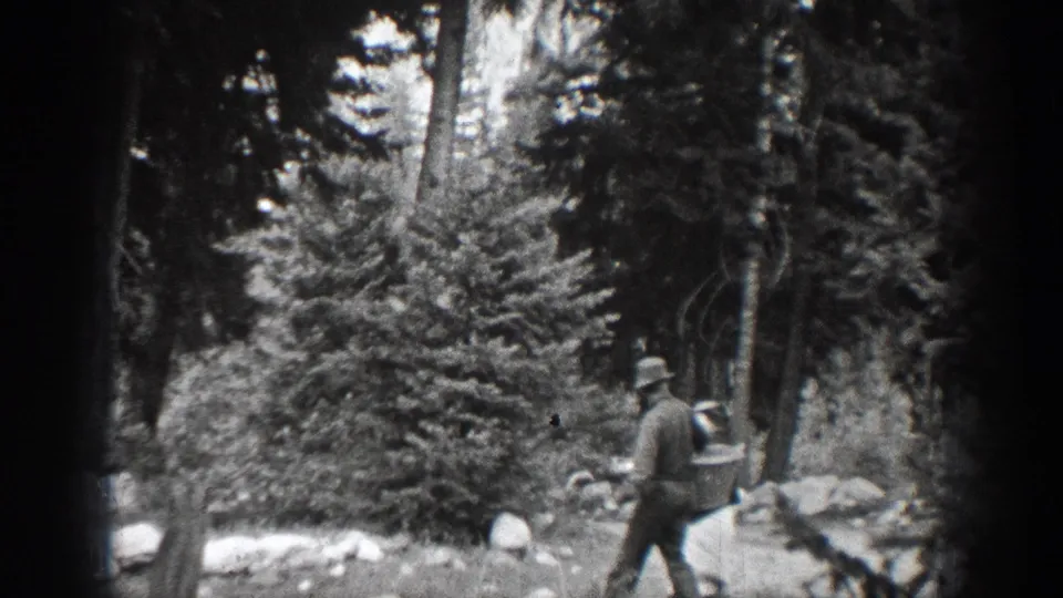 In Chelan, Washington home-movie footage from 1939, a man in a hat walks past rocks and pine trees in a wooded area.