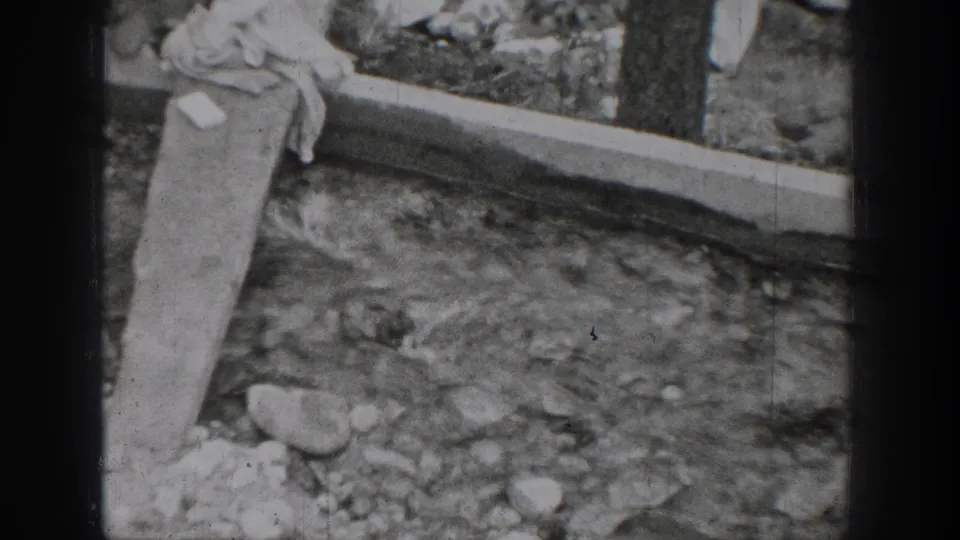 1939 Chelan lakeside detail showing stones, shallow water, and a wooden plank in grainy black-and-white 8mm.