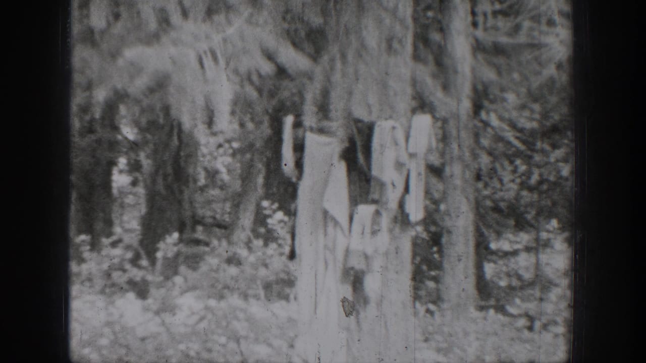 1939 Chelan home-movie frame showing a person in light clothing near trees and brush along the riverbank.