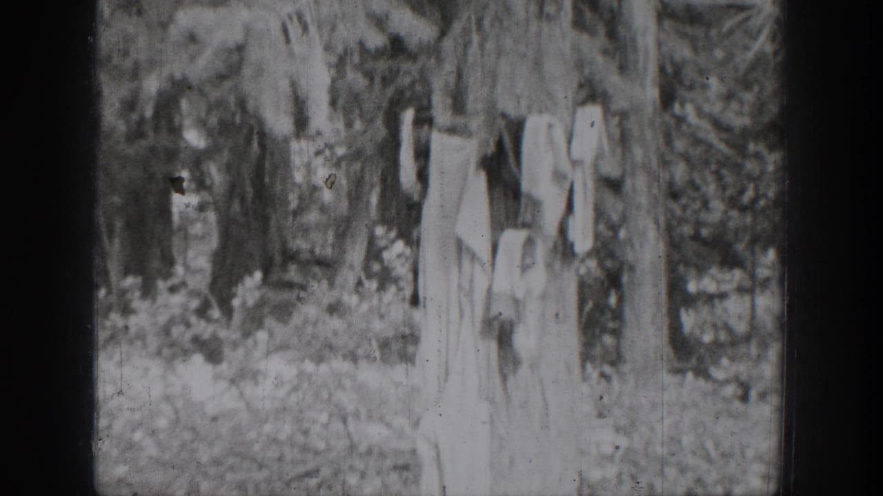 Chelan, Washington frame from 1939 showing a person standing near trees and dense brush beside the riverbank.