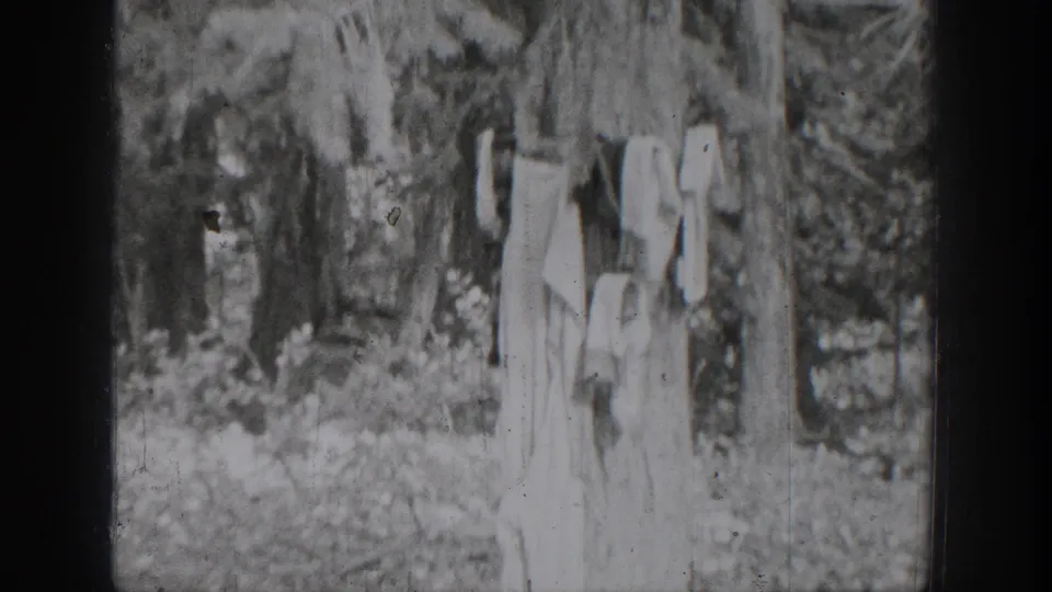 Chelan, Washington frame from 1939 showing a person standing near trees and dense brush beside the riverbank.