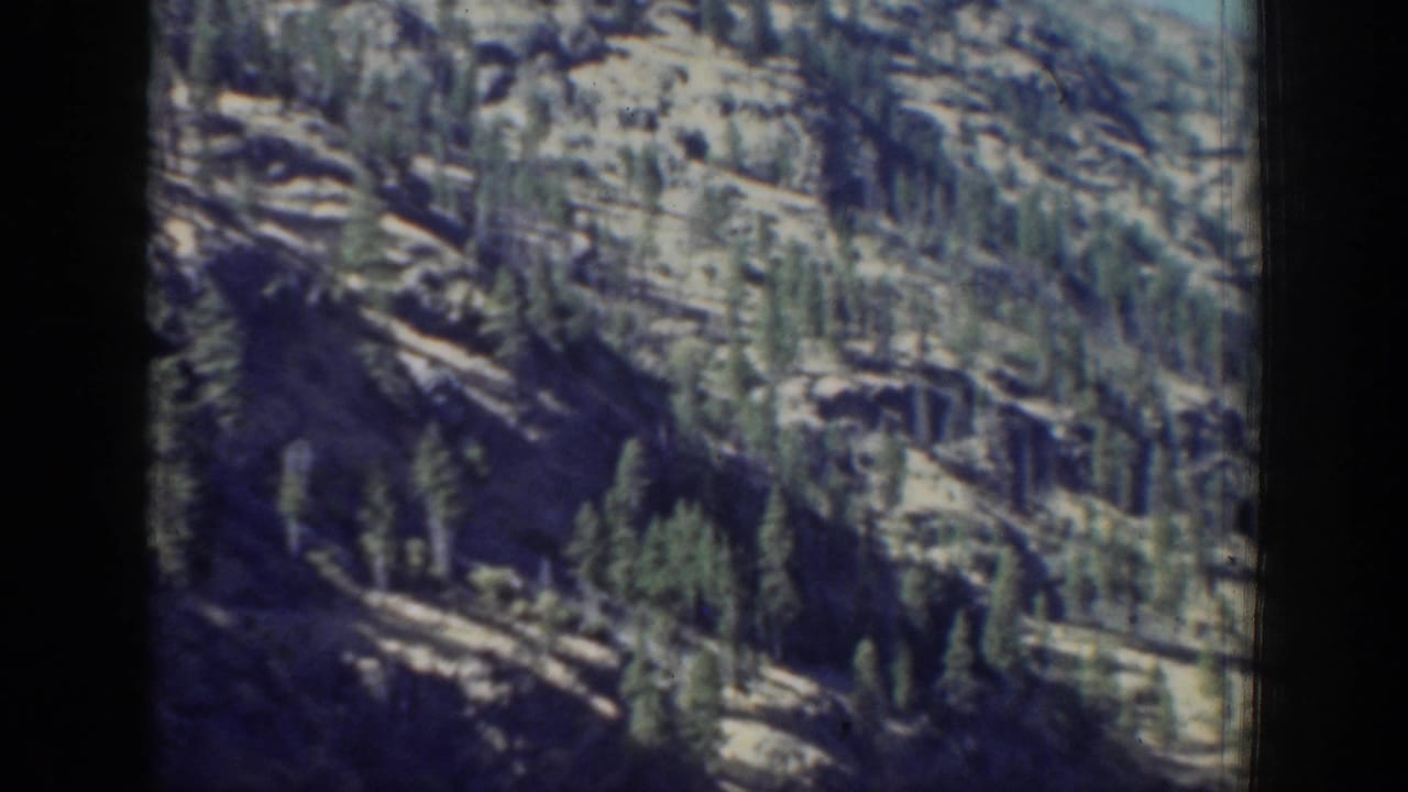 Forested rocky mountain slope seen from across water or a moving boat.