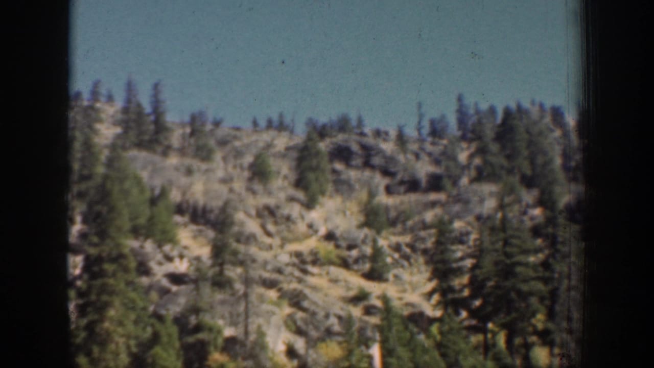 Forested rocky hillside under blue sky with dark frame edges.