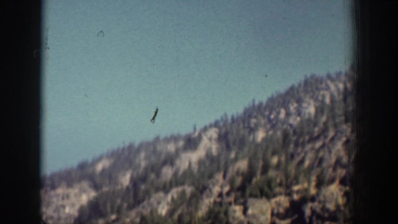 1939 8mm Chelan-area footage showing a rocky evergreen-covered slope beneath a clear blue sky.