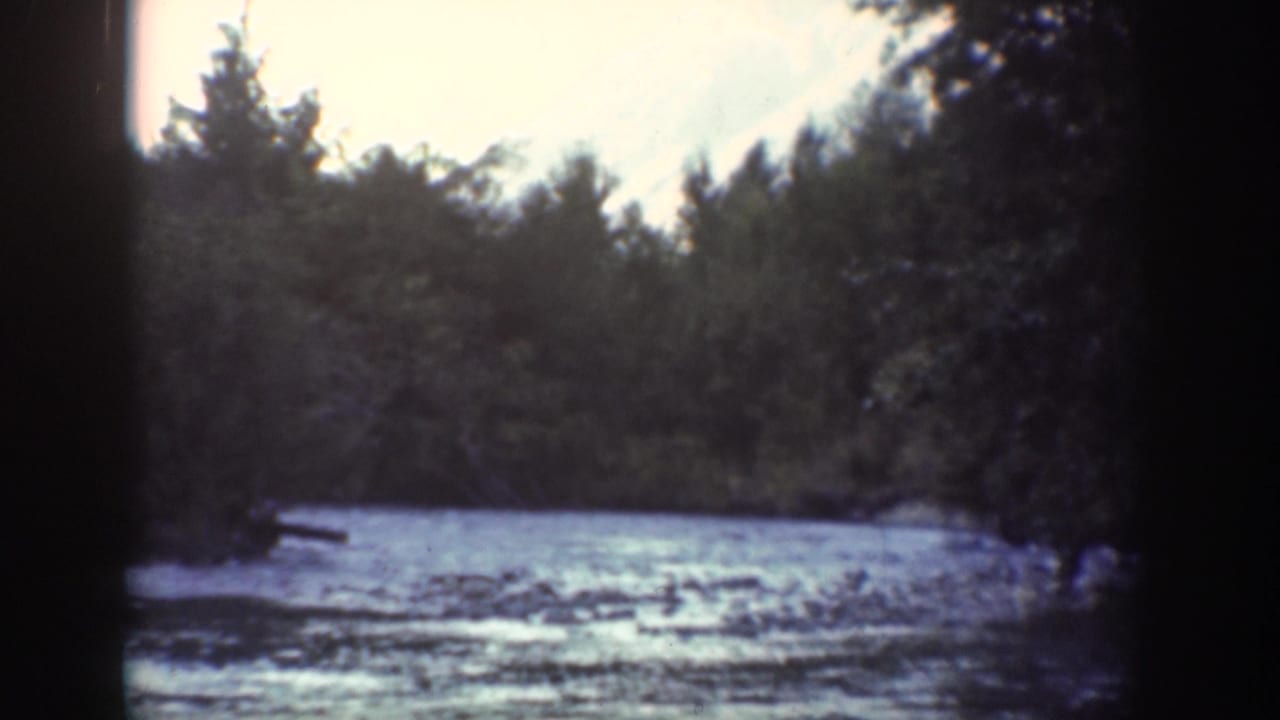 Wide home-movie view of a river bend and wooded banks in the Chelan, Washington area.