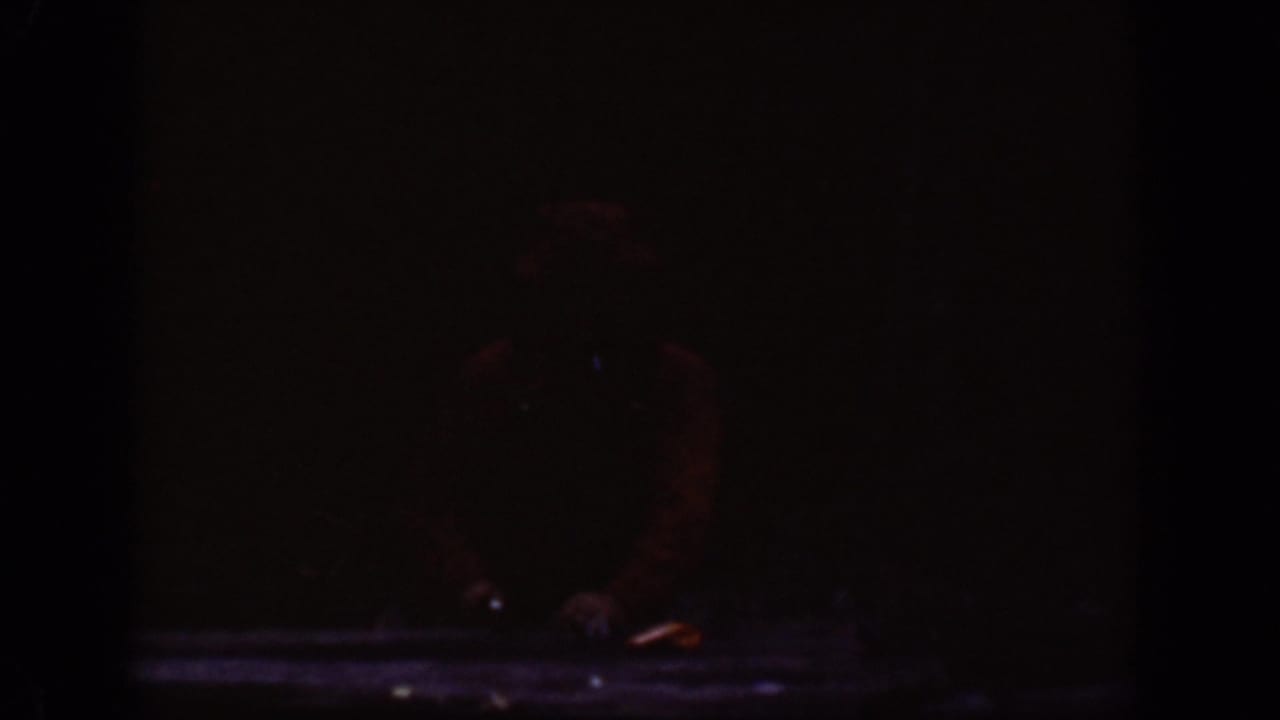 Very dark frame with a faint adult figure near water or a riverbank.