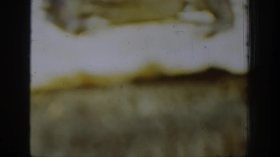 Damaged 8mm home-movie frame from the Chelan, Washington clip, showing blurred pale areas and dark film borders before the forest scene resolves.