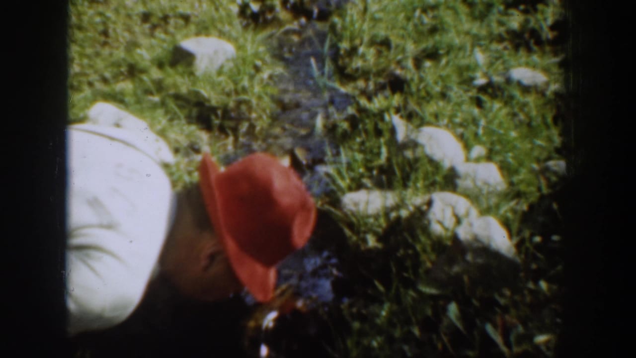 The man in the red hat bends toward a small stream in the Chelan, Washington 1939 home-movie scene, surrounded by rocks and dense green plants.