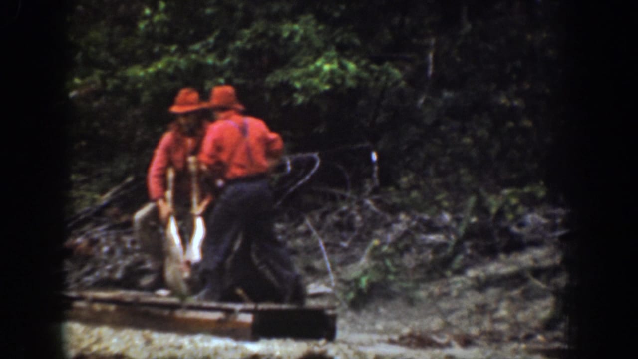 Two adult men in red shirts stand close to a horse and sled in the Chelan woods, with a large animal load partly visible near the sled.
