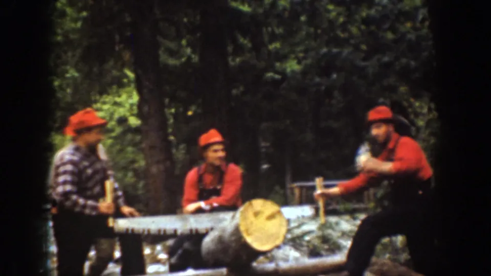 Chelan, Washington 1939 frame showing men beside a felled log and long saw, with one man appearing to drink from a cup.