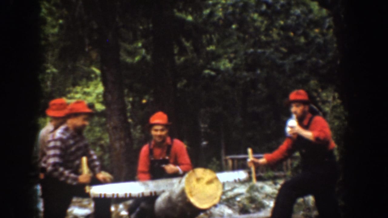 Four men in red hats use a long crosscut saw on a large log in a forest.