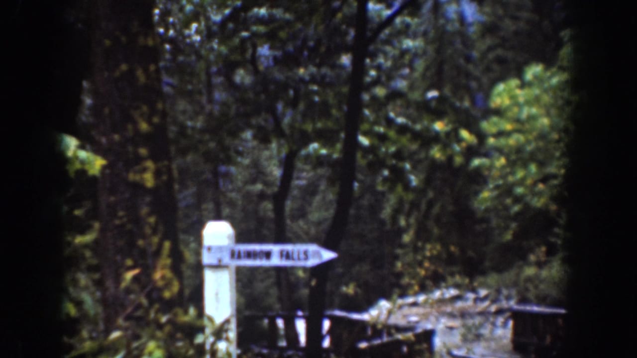 White Rainbow Falls directional sign in a wooded area.