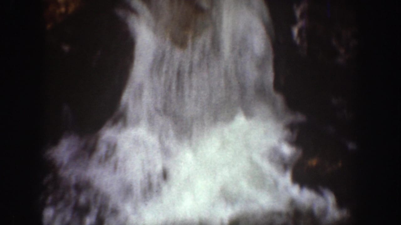 White waterfall pouring over dark rocks in a shadowed crevice.