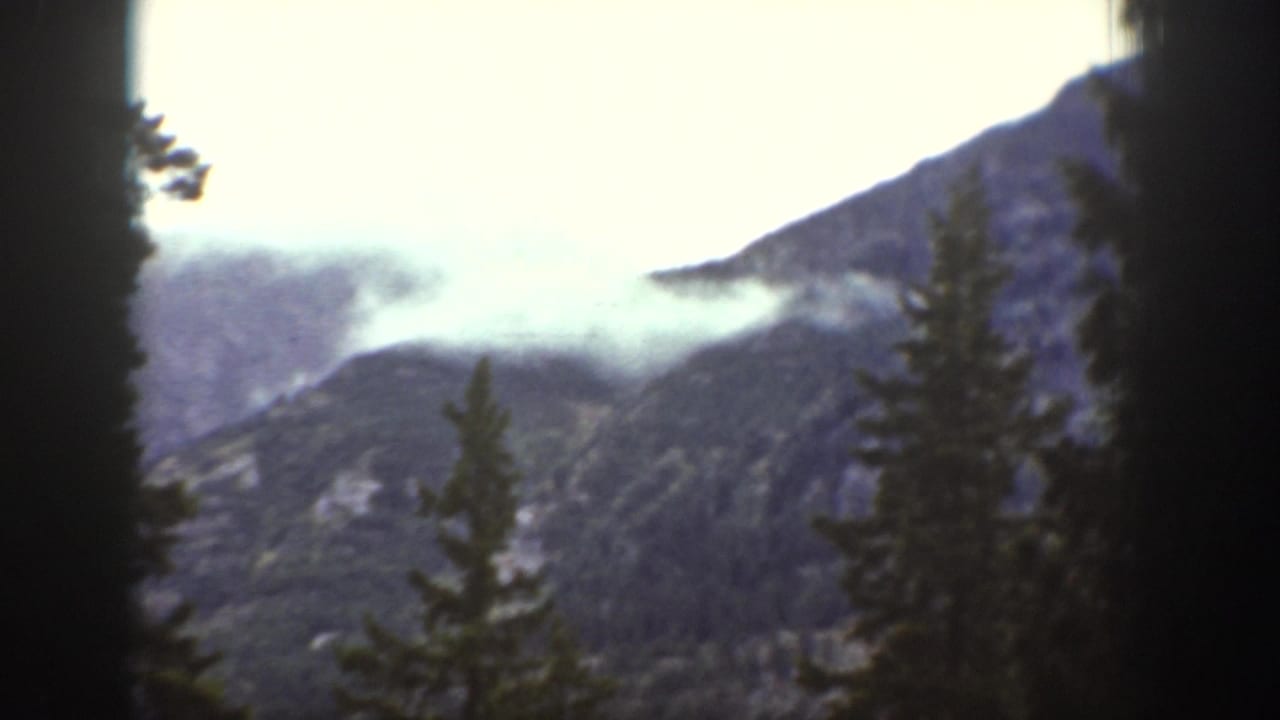 Chelan, Washington home-movie view of tall conifers and a clouded mountain slope, dated 1939 by clip metadata.