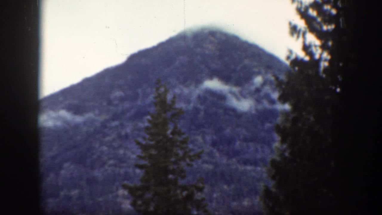 1939 Chelan 8mm home-movie frame showing a misty mountain peak through foreground conifers and visible dark gate edges.