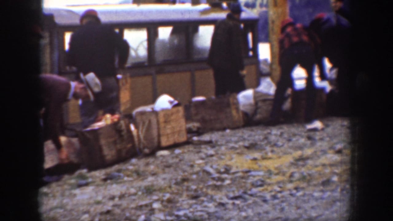 Several men bent over rows of wooden crates on a gravel surface alongside a bus, with mountain peaks in the background.