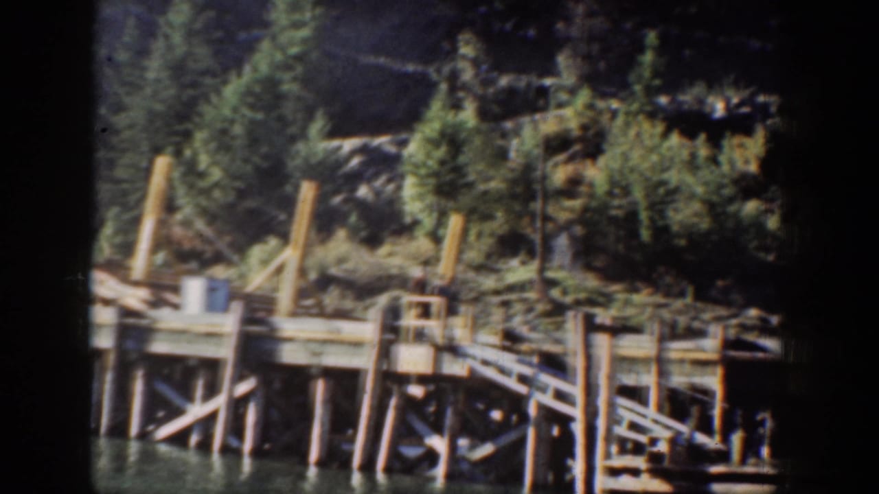 Rustic wooden pier with multiple vertical pilings along a forested lakeshore, dense conifers covering the hillside behind.
