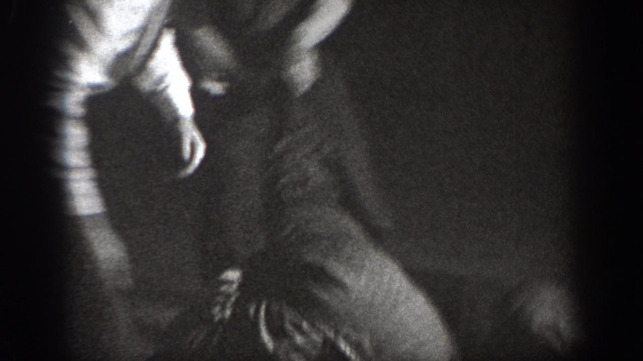 Two figures grappling tightly, one in a striped top, on a floor in black-and-white 8mm film.