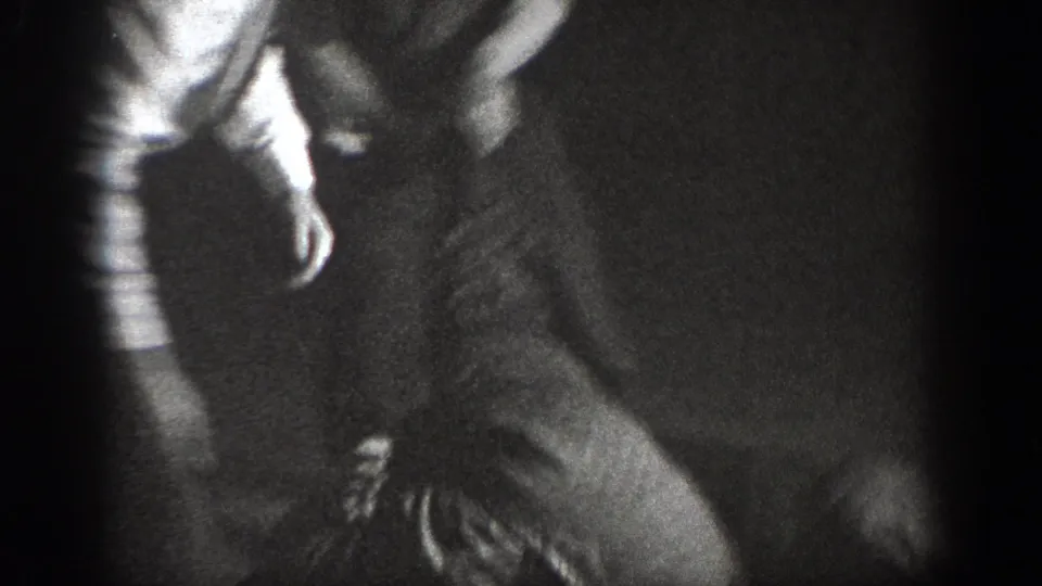Young men in close physical play on an indoor floor, one wearing a striped top, circa 1939, Chelan, Washington, 8mm home movie.