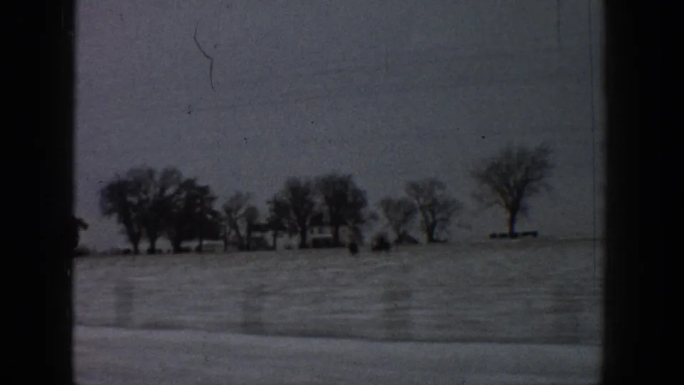 Black-and-white 8mm frame showing a flat winter plain with a row of bare deciduous trees in the middle distance, consistent with a 1960s road-trip perspective attributed to Colorado.