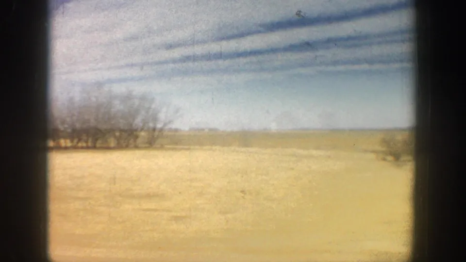 1961 8mm frame: expansive dry golden field dominates the foreground with bare deciduous trees at the horizon, viewed through a vehicle window with dark-border vignette.