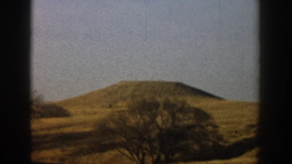8mm home movie frame of dry rolling hills and a bare deciduous tree, shot through vehicle window, reportedly Colorado, circa 1961.