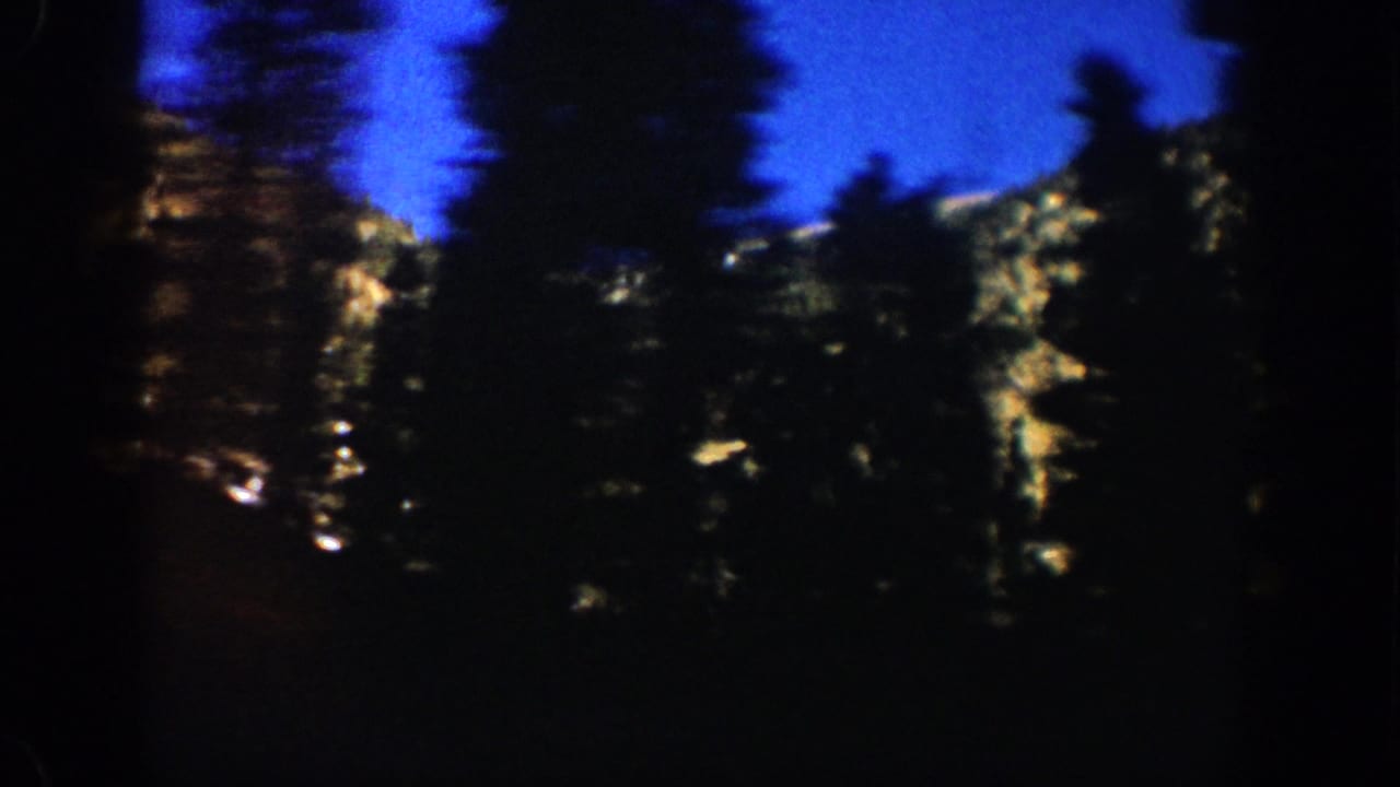 Motion-blurred pan shot showing silhouetted conifers and a snow-dusted mountain in the background, heavily underexposed on 8mm.