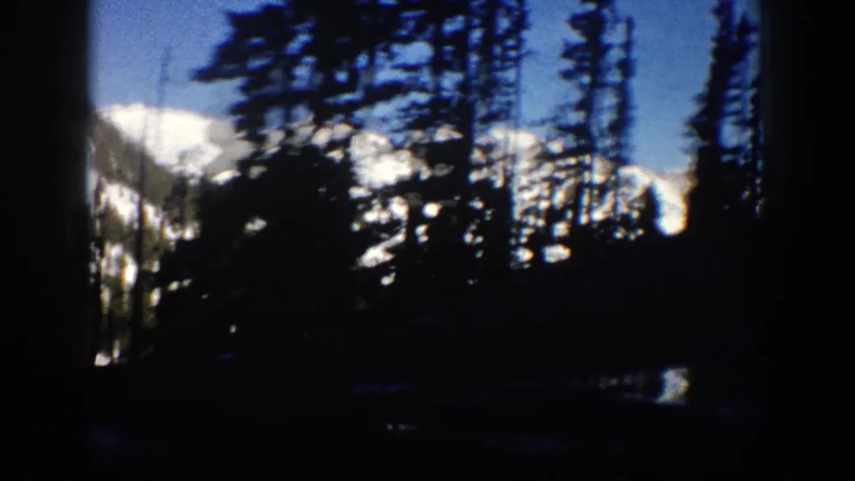 8mm home movie frame from a moving car near Aspen, Colorado, 1961, with motion-blurred conifers dominating the foreground and snowy peaks and blue sky visible through the trees.