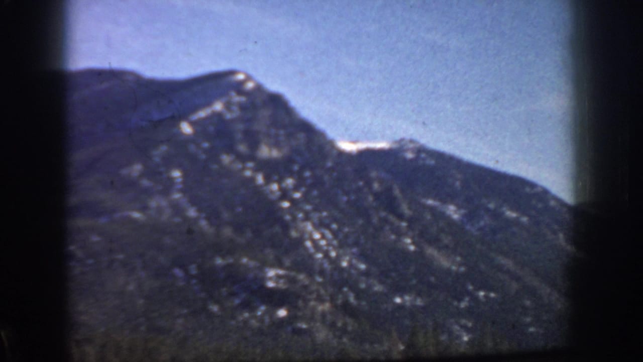 Mountain ridgeline with sparse snow above dense evergreen forest; slight overexposed artifact at right frame edge; 8mm grain.