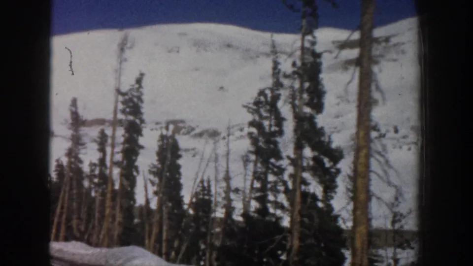1961 Aspen, Colorado 8mm frame showing conifers and bare tree trunks against a broad snow-covered mountain under blue sky.
