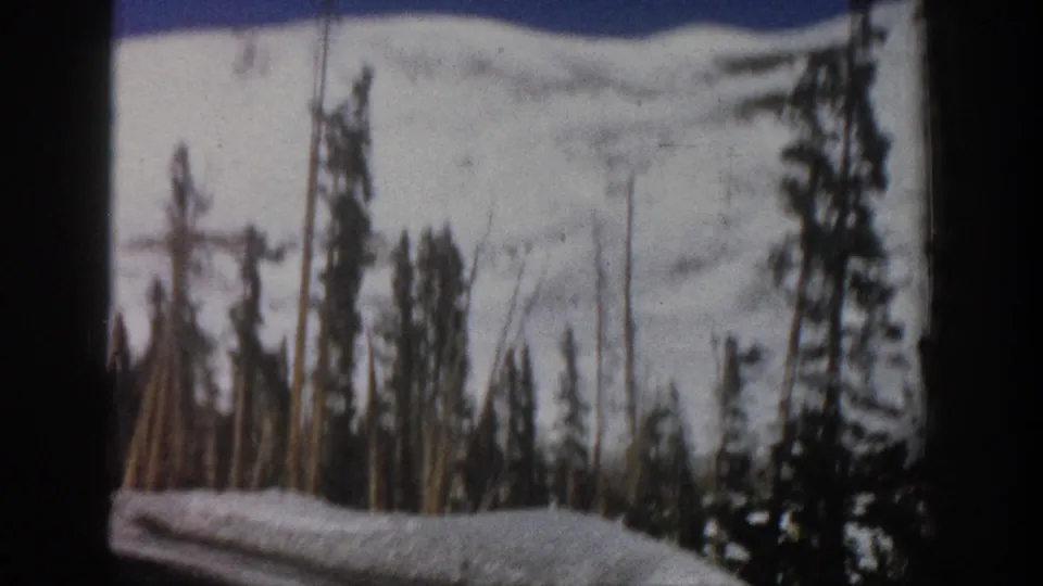 1961 Aspen, Colorado home-movie frame with evergreens, bare trunks, a bright snowbank, and a snow-covered mountain beyond.