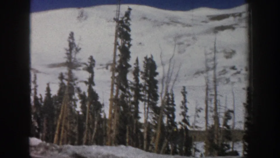 1961 Aspen-area 8mm frame showing snow-covered mountainside and dark evergreen trees from a moving road-trip viewpoint.