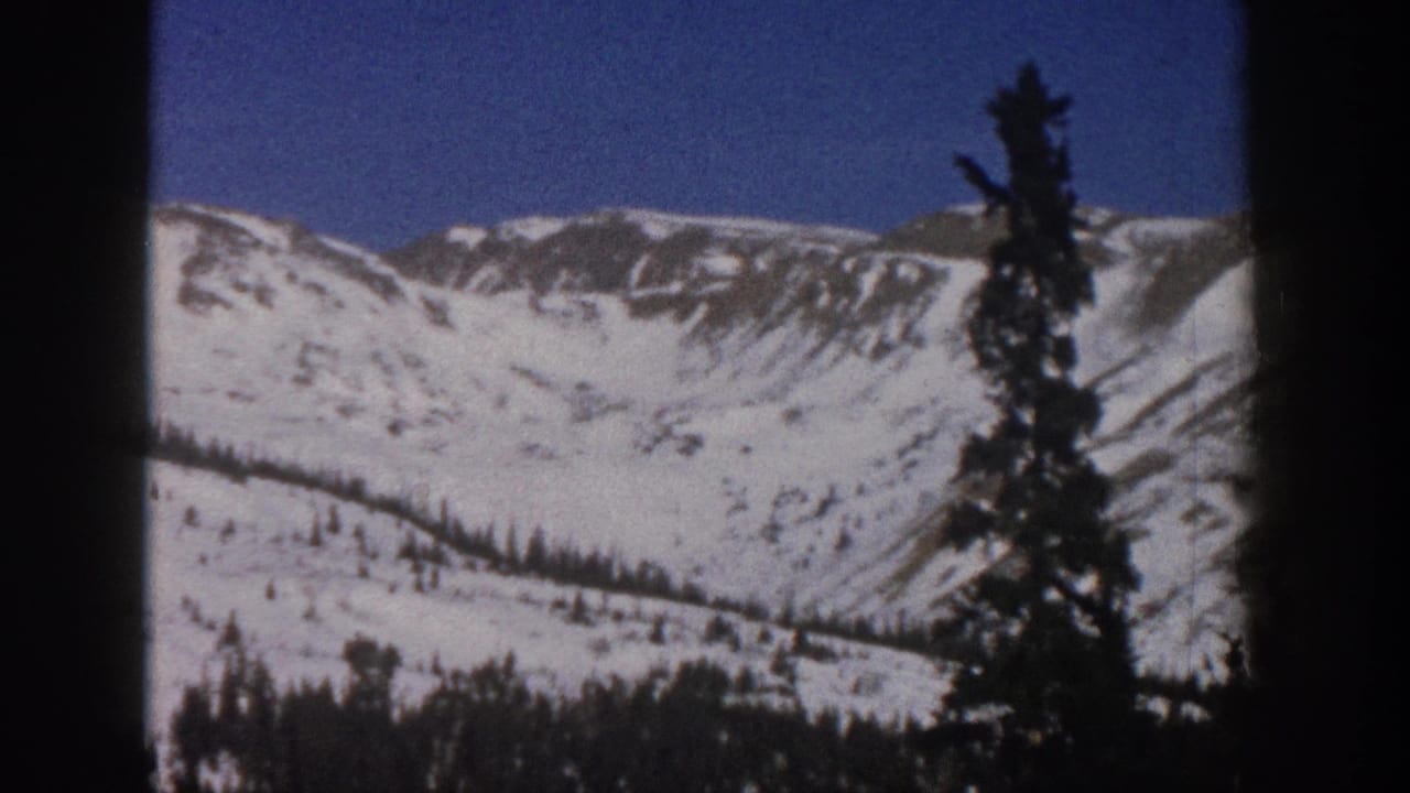 1961 Colorado 8mm frame showing snowy mountain peaks, forested slopes, blue sky, and a dark evergreen in the foreground.