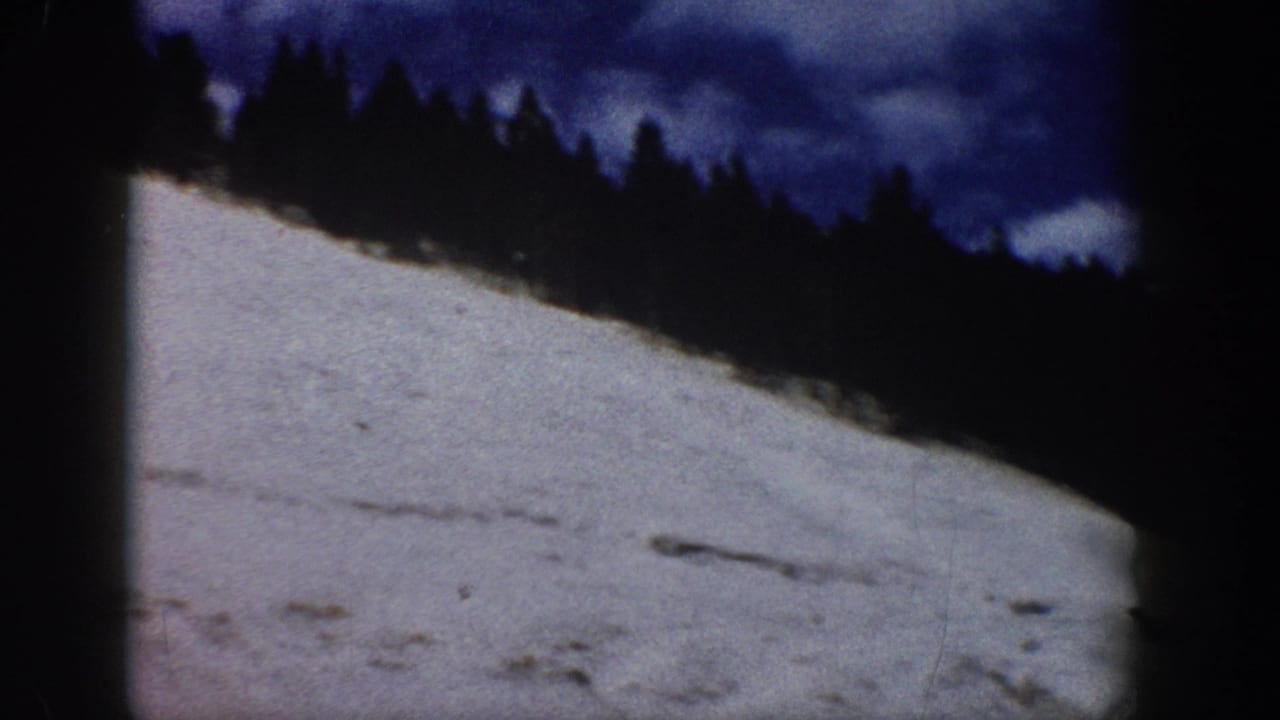 Snow slope with dark conifer treeline silhouetted against a saturated deep blue winter sky, 8mm film frame.