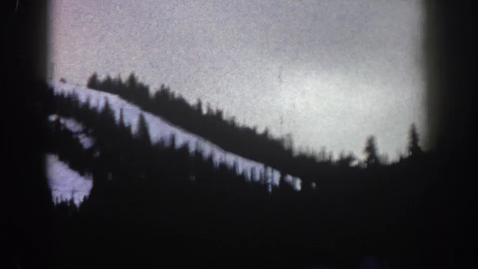 Final 8mm frame of dark conifer silhouettes over snow-covered terrain in the Aspen, Colorado area, circa 1961.