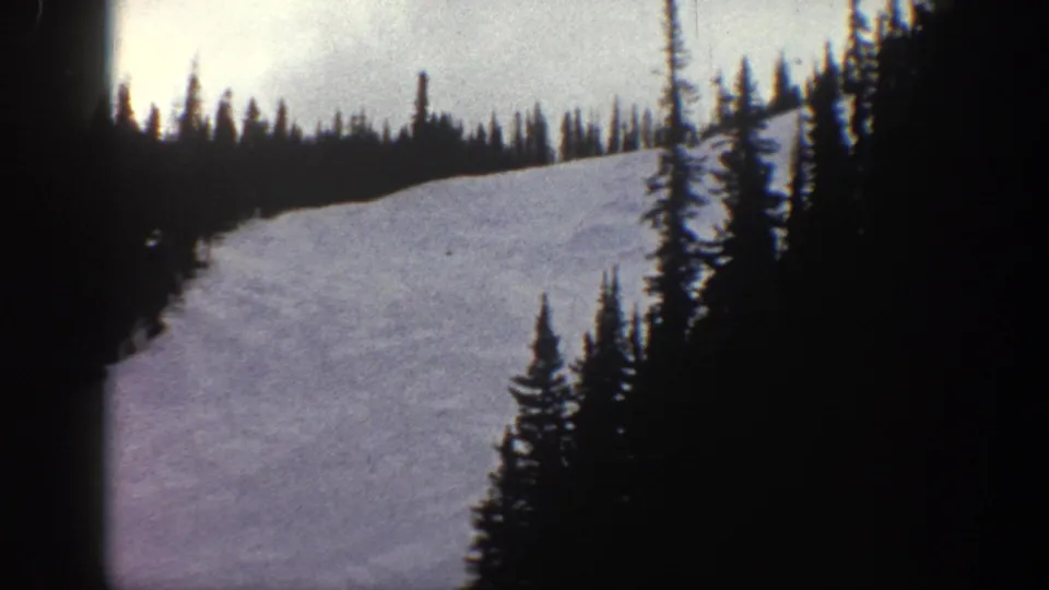 Mid-clip 8mm frame from a cable car at Aspen, circa 1961 — conifer trees in foreground with a snow slope receding behind them.
